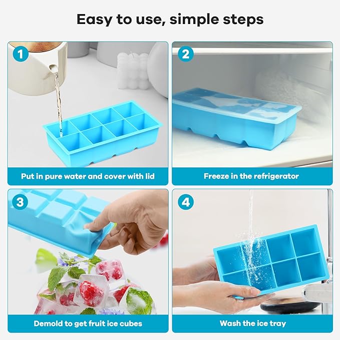 8 Grids Large Ice Cube Trays - Silicone Ice Cube Tray with Lid, Silicone Large Ice Cube Trays Easy Release, Silicone Ice Cube Molds Big Square Ice Maker Tray BPA Free for Cocktail, Whiskey, Coffee