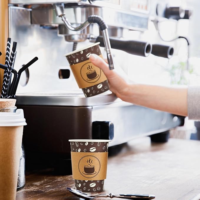 JOLLY PARTY Disposable Coffee Cups with Lids, Sleeves and Straws - 12oz(100 Pack) Paper Coffee Cups with Lids, Hot Cup for Shops, Cafes, and Concession Stands(Dark Brown)