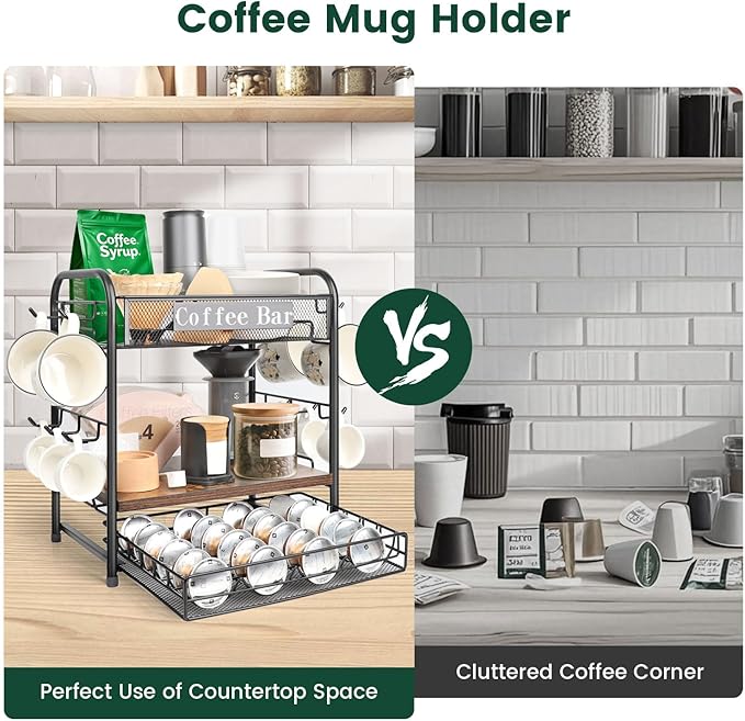 Coffee Bar Organizer, Station Mug Holder for Countertop, Multi-Functional 3 Tier Coffee Cup Tree Rack for Kitchen, Storage Shelf with 10 Hooks, Vertuo Pods Drawer for Home Office