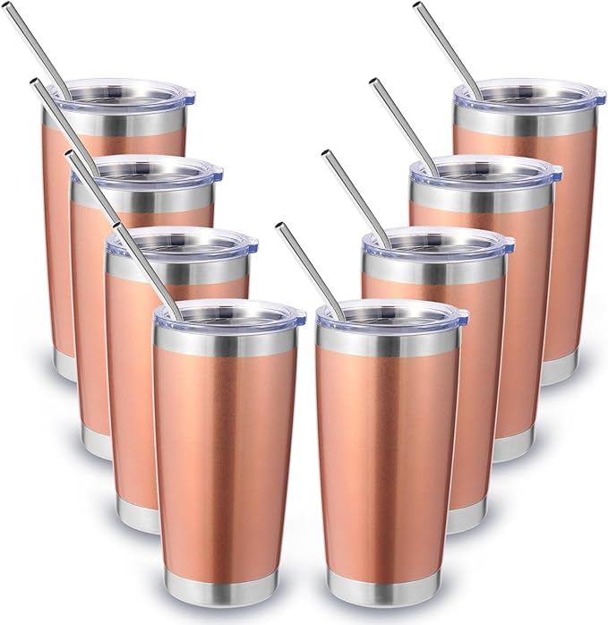 Volhoply 20oz Stainless Steel Tumbler with Lid and Straw Bulk 8 Pack,Double Wall Insulated Travel Ice Coffee Mug Fits Cup holder,Powder Coated Cups for Hot/Cold Drinks,Christmas Gifts（Rose Gold,8 Set）