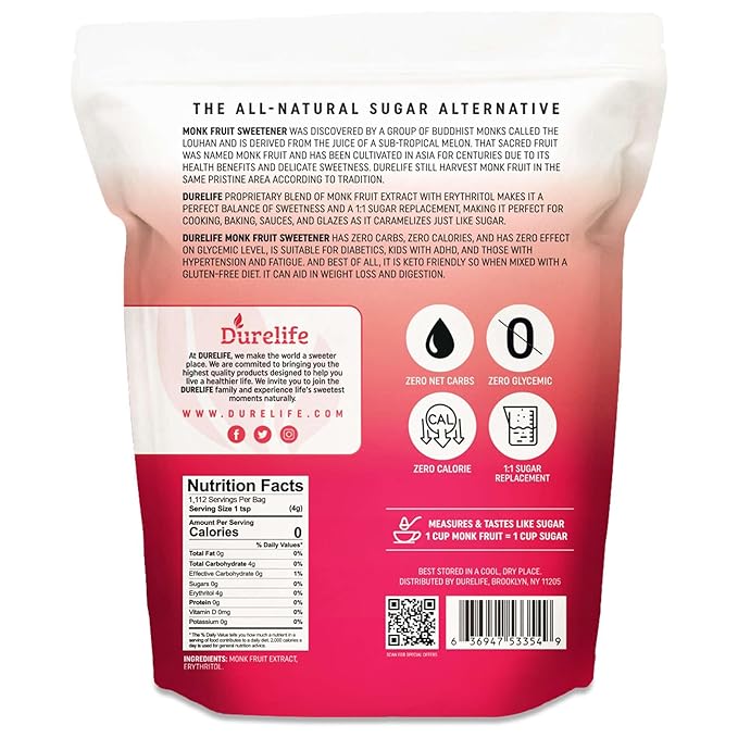 Durelife Golden Monk Fruit Sweetener, 1:1 Sugar Replacement, Keto Diet Friendly, Zero Calorie, Kosher Sugar Substitute, Golden - 10 lb Bulk Size