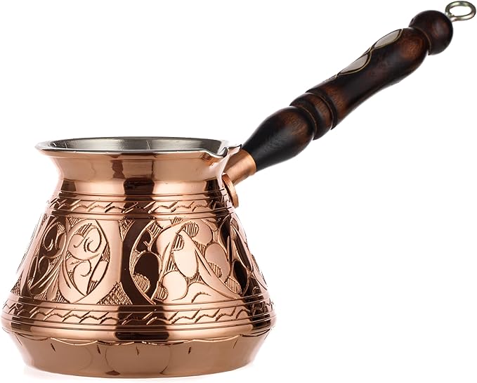 DEMMEX 15 Oz Thickest Copper Turkish Greek Arabic Coffee Pot, Stovetop Coffee Maker, Cezve Ibrik Briki with Wooden Handle & Spoon, Hand Engraved (Copper, 6 Servings)