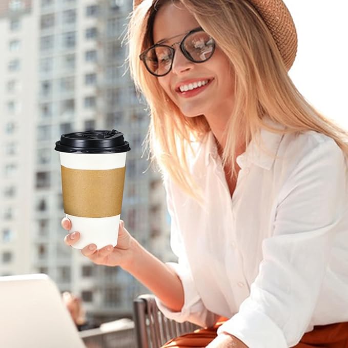 Lamosi 50 Pack 20 oz Disposable Coffee Cups with Lids and Sleeves, Grey To Go Leak-Proof Black Paper Cups for Picnics, Parties, Travel, Offices and Coffee Bar Supplies