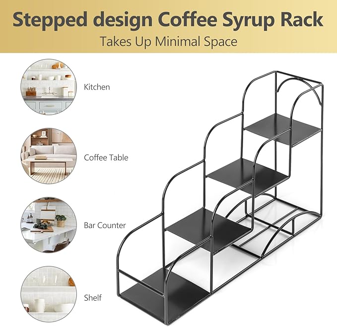 Syrup Rack for Coffee Bar Accessories, Iron 4 Compartment Bottle Organizer, Countertop Display Storage Shelf Bottle Stand, Metal Coffee Bar Organizer for Wine, Kitchen, Holds 4 Bottles