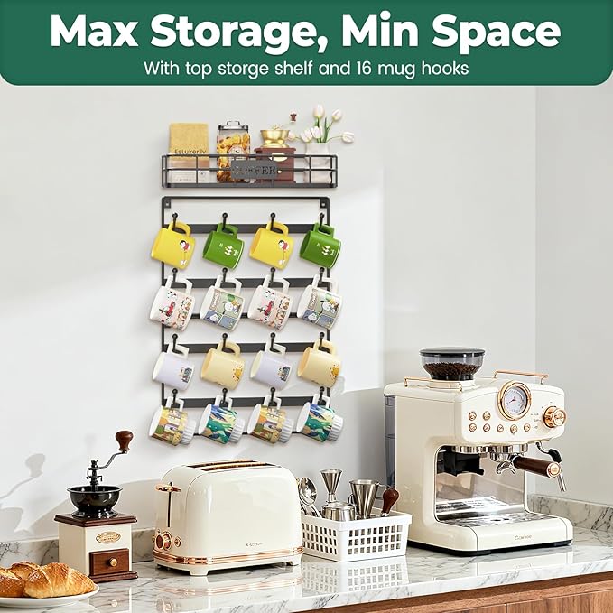 EsLuker.ly Coffee Mug Holder Wall Mounted Display Rack, Black Metal Cup Hanger Organizer with16 Hooks, Wood Rustic Shelf for Coffee Bar Home Kitchen, Space Saving Wall Storage, Black