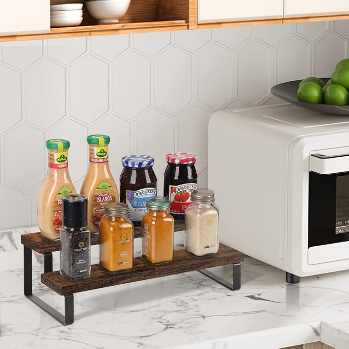 YINMIT Wooden Display Riser Stand, Tiered Perfume and Cologne Organizer Stand, 2 Tier Spice Rack Organizer, Rustic Display Shelf for Candles (2 Tier)