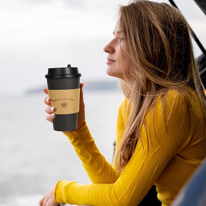 LITOPAK 500 Pack 16 oz Disposable Coffee Cup with Lids, Sleeves, and Stirring Sticks, Black Hot Paper Coffee Cups for Home, Travel, Office, Party