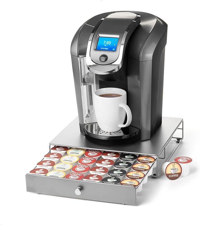 Nifty Coffee Pod Drawer - Silver Finish, Compatible with K-Cups, 36 Pod Pack Holder, Non-Rolling, Compact Under Coffee Pot Storage Sliding Drawer, Slim Home Kitchen Counter Organizer