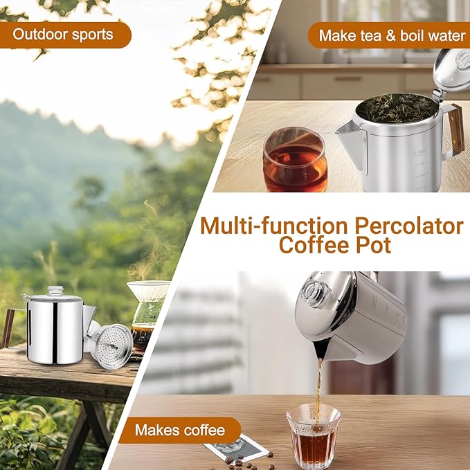 No Coating 12 Cup Percolator Coffee Pot 304 Stainless Steel Moka Pot Stovetop Espresso Maker Italian Greca Cuban Machine 2200ml 74.4oz Suitable for Gas Induction Stovetop Camping Kettle