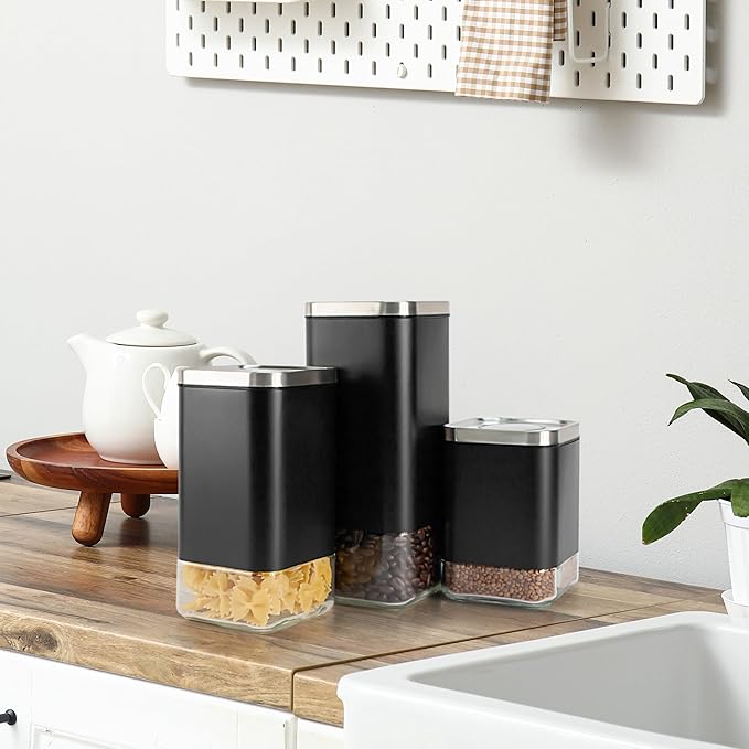 Kaffe Glass Coffee Canister (12oz) w/Airtight Lid - Click to Release Seal - BPA Free Glass & Stainless Steel - Elegant Kitchen Storage Container for Coffee, Nuts, Rice, Flour, Sugar, Tea, Cereal