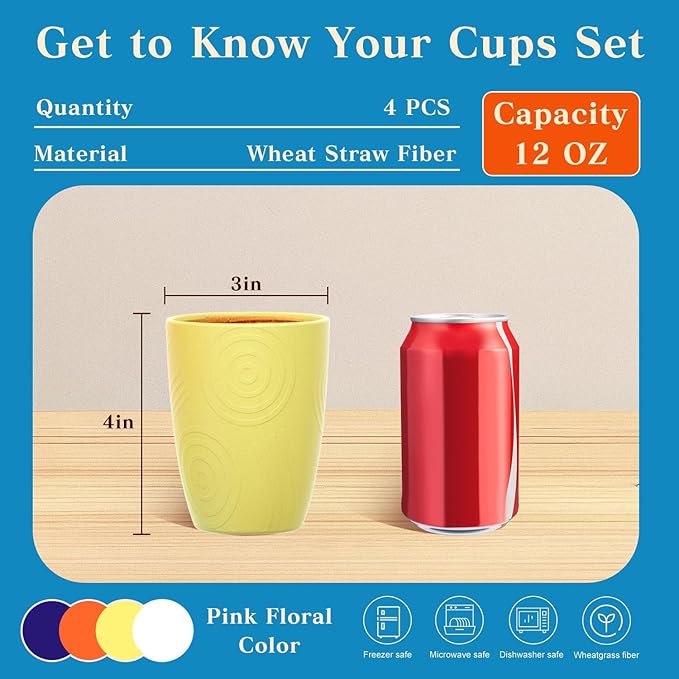 Homienly Wheat Straw Drinking Set of 4, Alternatives to Plastic, Reusable for Kitchen, Kids, Unbreakable Glasses 12 OZ, Dishwasher and Microwave Safe - Mondrian Colors