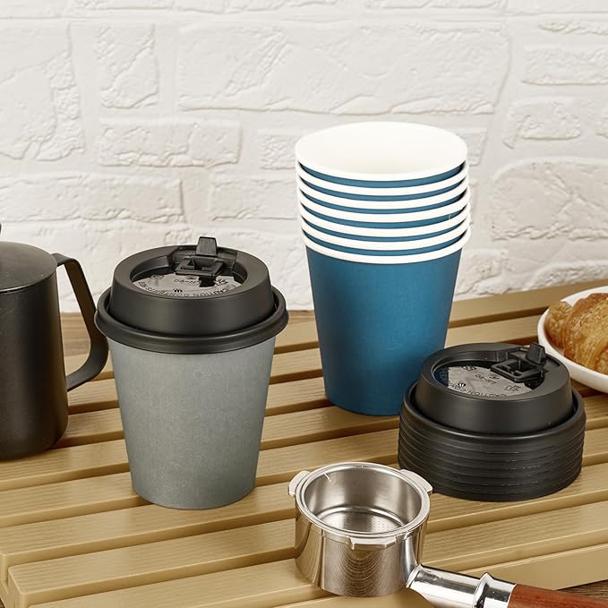 LITOPAK 100 Pack 10 oz Disposable Paper Coffee Cups with Lids for Coffee, Water, Juice, or Tea, Blue and Gray Hot Paper Cups for Home, Restaurant, Store, and Cafe