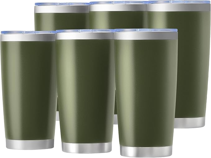 OMTech 20oz Tumblers Bulk, 6pc Stainless Steel Tumbler Set with Lid & Straw, Double Wall Vacuum Insulated Mug for Laser Engraver, Travel Coffee Mug for Hot & Cold Drinks, Army Green Powder Coated Cup