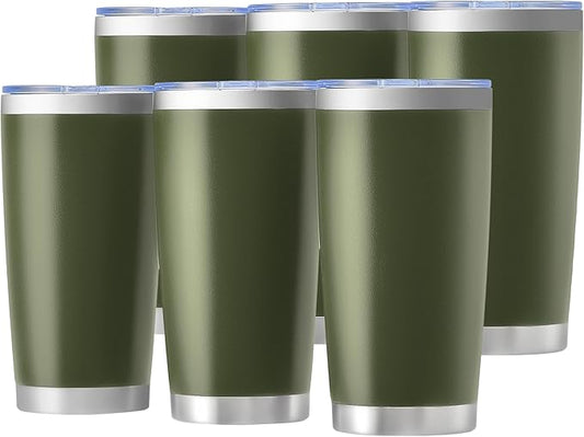 OMTech 20oz Tumblers Bulk, 6pc Stainless Steel Tumbler Set with Lid & Straw, Double Wall Vacuum Insulated Mug for Laser Engraver, Travel Coffee Mug for Hot & Cold Drinks, Army Green Powder Coated Cup