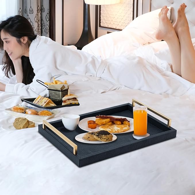 Black Faux Leather Serving Tray, 17x12 inches, Brushed Gold Handles, Decorative Tray for Ottoman Coffee Table, Living Room, Kitchen, Bathroom