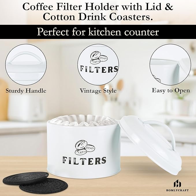 Coffee Filter Holder Vintage Coffee Filter Container with Lid Braided Cotton Drink Coasters for Counter, Home (White)