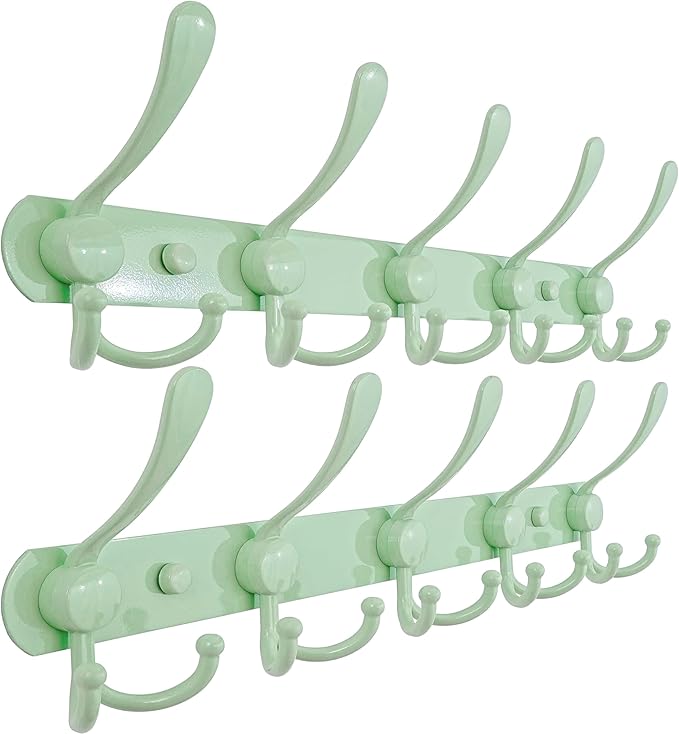 Dseap Coat Rack Wall Mounted - 5 Tri Hooks, Heavy Duty, Stainless Steel, Metal Coat Hook Rail for Coat Hat Towel Purse Robes Mudroom Bathroom Entryway (Green, Pack of 2)