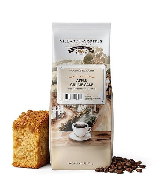 Village Favorites Flavored Coffee – Low Acid, Mold-Free, 100% Arabica, Slow Roasted Medium Roast, Smooth & Stomach Friendly, Ground, 1LB Bag (16oz)- Kosher (16oz, Apple Crumb Cake)