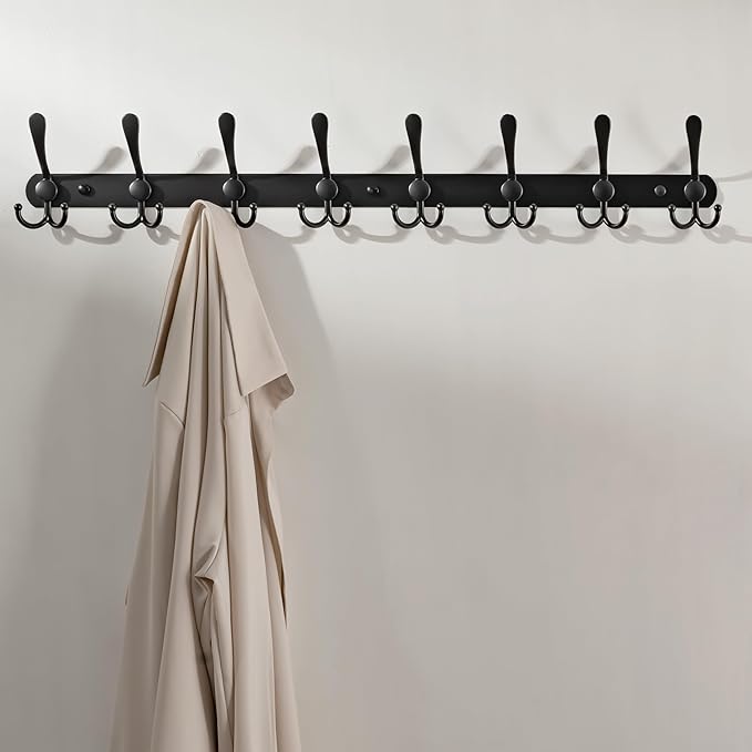 Dseap Coat Rack Wall Mount - 29.5” Long 8-Tri-Hooks Heavy Duty Coat Hanger Rail Wall Hooks for Hanging Coats Hats Clothing Clothes Purse Mudroom Entryway, Black, Pack of 2