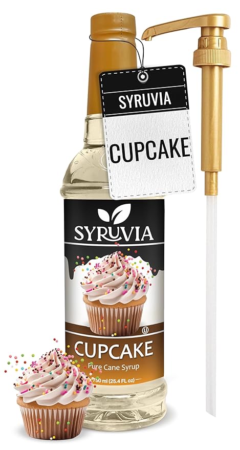 Syruvia Cupcake Coffee Syrup - 25.4 fl oz - Kosher Syrups, Gluten Free, No Coloring, Perfect for Drinks, Soda, Shakes, Desserts, and More With Pump