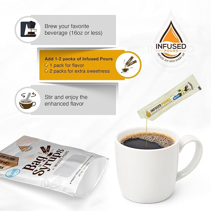 Single Serving Syrup Packets, Sugar Free Variety Pack, for Coffee and Cocktails - Flavors (10 Each): Vanilla, Caramel, Hazelnut - 6mL Each, 30 Count - Bag of Syrups by Infused Pours