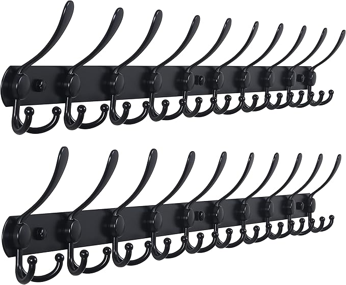 Dseap Coat Rack Wall Mount - 38” Long 10-Tri-Hooks Heavy Duty Coat Hanger Rail Wall Hooks for Hanging Coats Hats Clothing Clothes Purse Mudroom Entryway, Black, Pack of 2