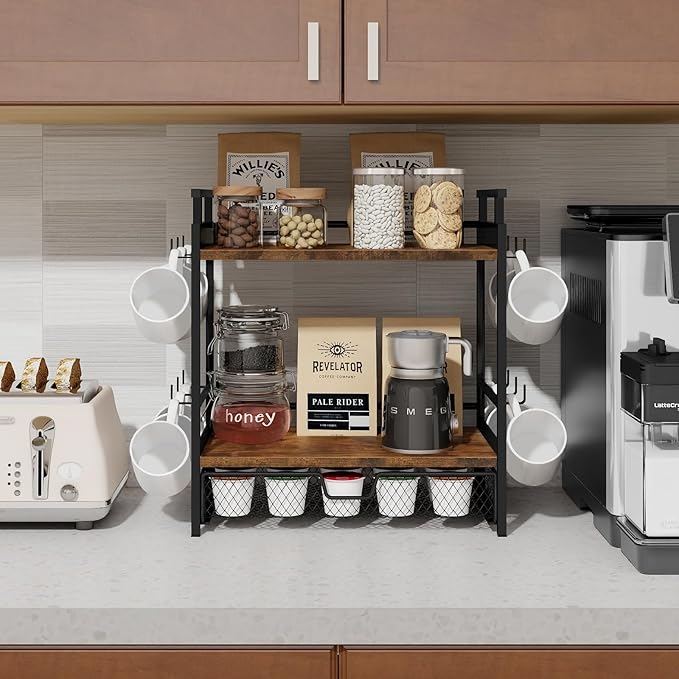 Coffee Bar Organizer, 3 Tier Coffee Station Organizer for Countertop, Mug Cup Holder Stand with 12 Hooks, with K Cup Storage Drawer, Tea Organizers Accessories for Home Office