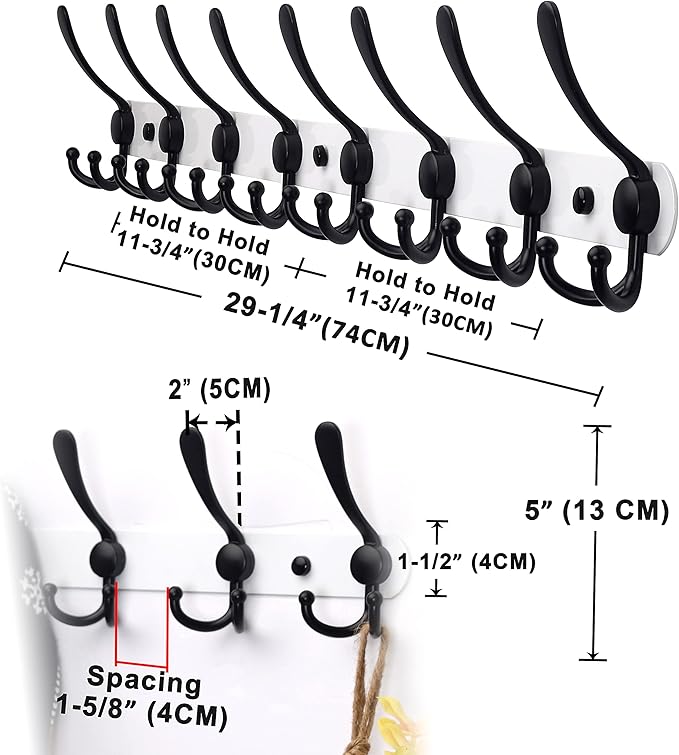 Dseap Coat Rack Wall Mount - 29.5” Long 8-Tri-Hooks Heavy Duty Coat Hanger Rail Wall Hooks for Hanging Coats Hats Clothing Clothes Purse Mudroom Entryway, White & Black
