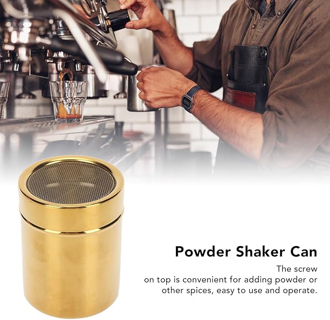 Stainless Steel Powder Shaker Powder Sugar Shaker,Gold Fine Mesh Powder Sugar Shaker Stainless Steel Sugar Shaker for Lid for Sifter Cocoa,Cinnamon Powder,Coffee Sugar Shakers