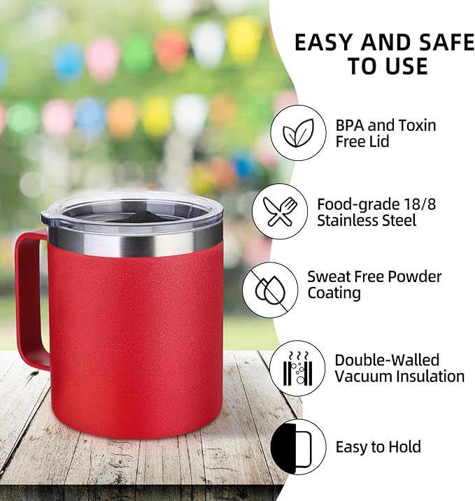 Volhoply 14oz Insulated Stainless Steel Coffee Mug with Lid Bulk 8 Pack,Double Wall Vacuum Travel Coffee Cup with Handle,Reusable Metal Cups Tumbler,Camping Mugs Keep Hot,Ideal Gifts(Red,8)