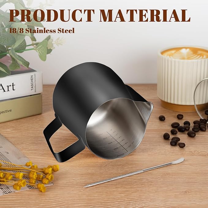 Milk Frothing Pitcher, 20oz Milk Frother Cup with Clear Scale, 304 Stainless Steel Cappuccino Espresso Machine Accessories for Barista Coffee Bar with Latte Art Pen, Black