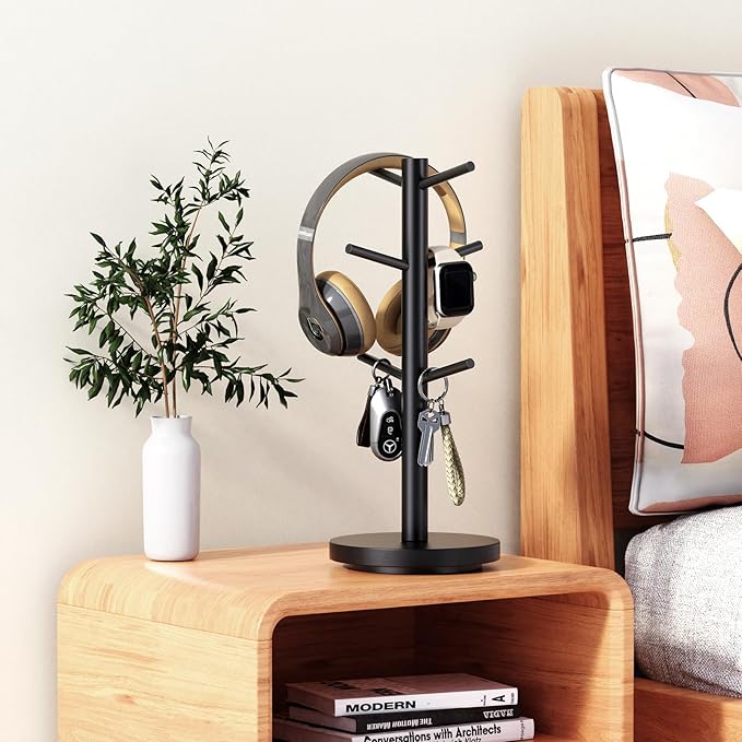 Coffee Mug Holder Tree, Upgraded 360° Rotated Cup Holder for Counter, Wood Mug Rack with 6 Hooks, Coffee Mug Organizer Station, Mug Stand Bar Accessories, Black