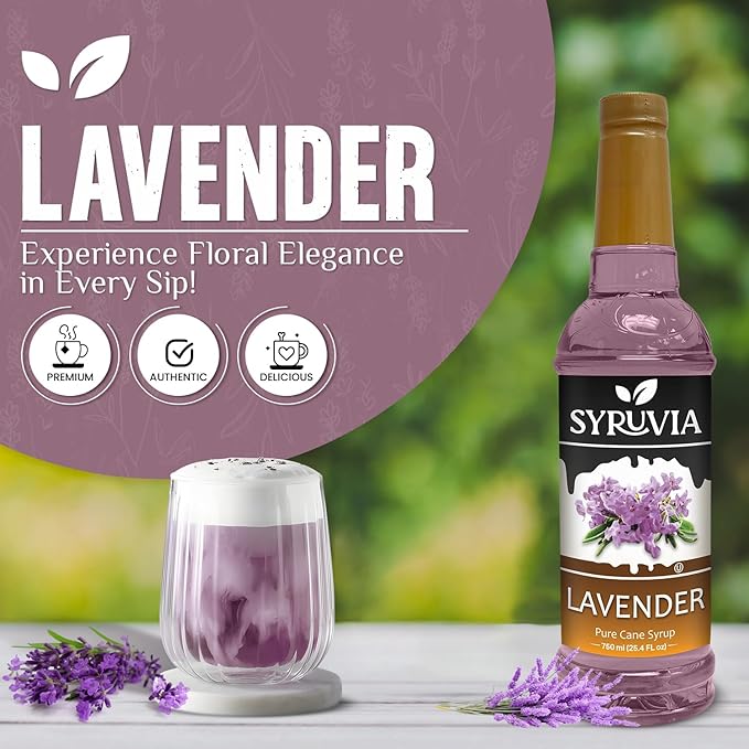 Syruvia Coffee Syrup, Lavender Flavored Syrup for Drinks, Lattes, and Desserts – 25.4 fl oz