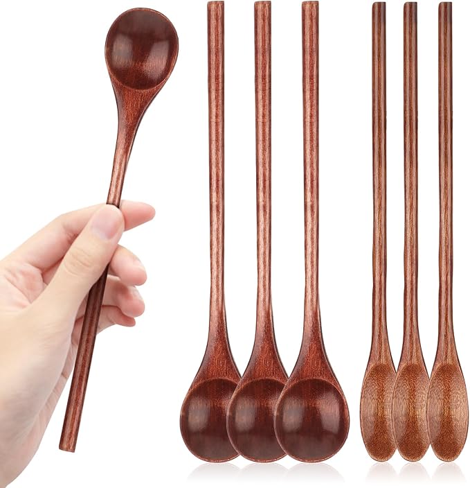 6 Pcs Wooden Coffee Spoons, Long Handle Wooden Teaspoon, Stirring Teaspoon, Long Handle Mixing Wooden Spoon for Stirring Coffee, Tea, Honey, Tasting Spoon Set for Kitchen Stirring