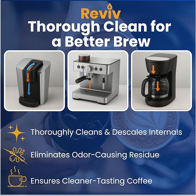 REVIV Descaling Solution for Coffee Machines (8 Uses) – 33.8 fl oz, Compatible with Espresso Machines, Keurig Coffee Machine, Nespresso, Delonghi, Breville – Removes Limescale & Enhances Flavor