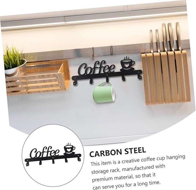 Metal Coffee Cup Hook Rack Decorative Mug Hanging Holder with Coffee Shape Design Easy Install Stable Storage for Kitchen Display and Organization