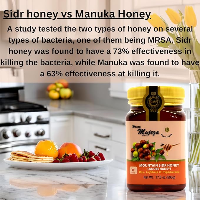 Authentic Mountain Sidr Honey - Jujube, Equal to Manuka Effectiveness Unheated Unfiltered Unprocessed 100% Natural Gluten Free Raw Liquid Honey (500g / 17.6oz)