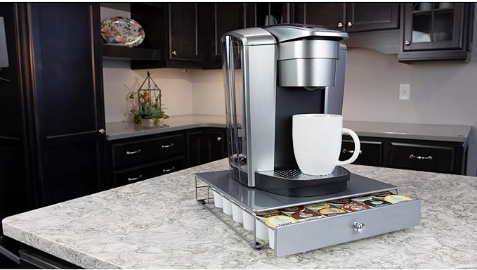 Nifty Coffee Pod Drawer - Silver Finish, Compatible with K-Cups, 36 Pod Pack Holder, Non-Rolling, Compact Under Coffee Pot Storage Sliding Drawer, Slim Home Kitchen Counter Organizer
