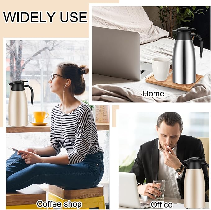 Uiifan 2 Pcs 68oz Thermal Coffee Carafe Insulated Stainless Steel Coffee Carafe for Hot Liquids Double Walled Vacuum Pot Creamer Pitcher Dispenser with Brush for Keeping Milk Tea(Silver, Champagne)