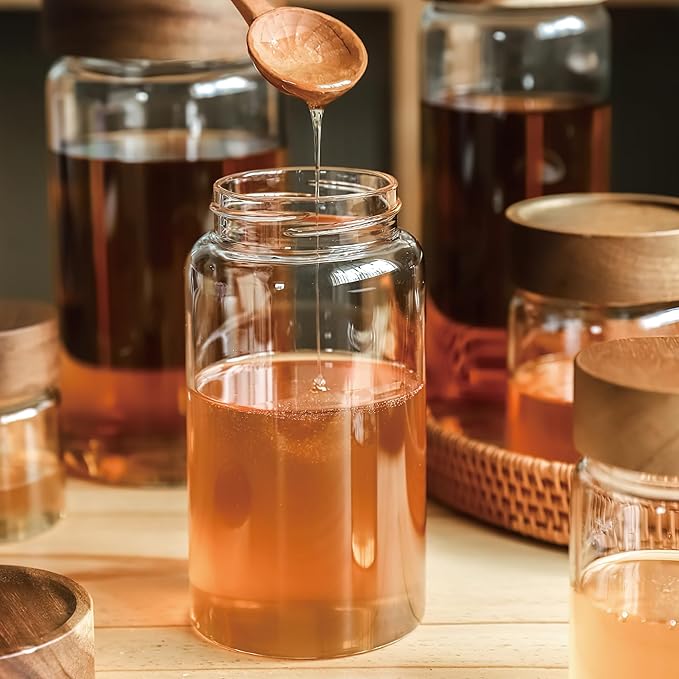 3 Pack 17 oz/500ml Clear Glass Storage Canister with Airtight Wooden Screw On Lid, Small Cute Decorative Glass Container Jar Set for Coffee, Candy, Cookie, Condiment, Pepper, Sugar, Oatmeal