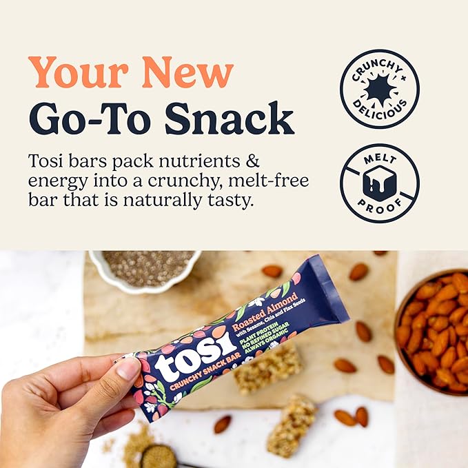 Tosi Nut Bars, Almond, Healthy Snacks for Adults & Kids, Plant Based Crunchy Bars (5G Protein), Organic Keto Snacks, Vegan, Gluten & Soy Free, Low Sugar, Omega 3s, 1oz, 12-Pack