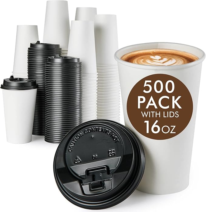 Vplus 500 Pack 16 OZ Paper Coffee Cups, Disposable 16 OZ Coffee Cups With Lids, Cold/Hot Drinking, For Home, Traveling, Stores, Office, And Events