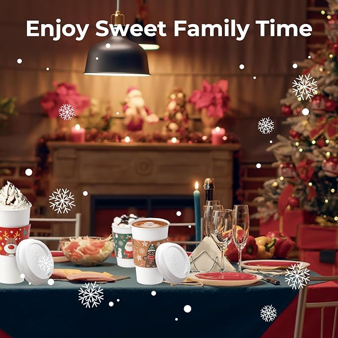 Fit Meal Prep 50 Pack 20 oz Christmas Disposable Coffee Cups with Lids, Sleeves, Leak-Proof To Go Coffee Cups with Lids, Durable Holiday Hot Paper Cups for Home, Office, Party, Business