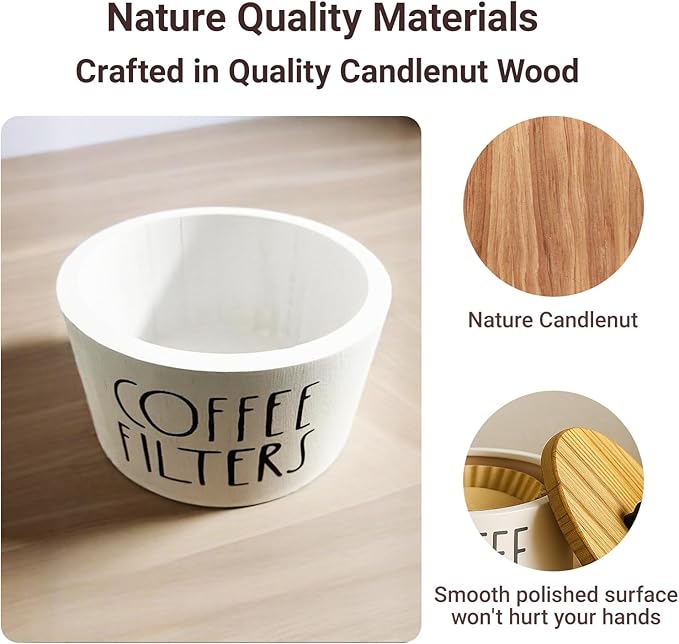Wooden Coffee Filter Holder With Lid-Rustic Storage Container and Dispenser Basket for Coffee Bar Decor, Farmhouse Accessories(White)