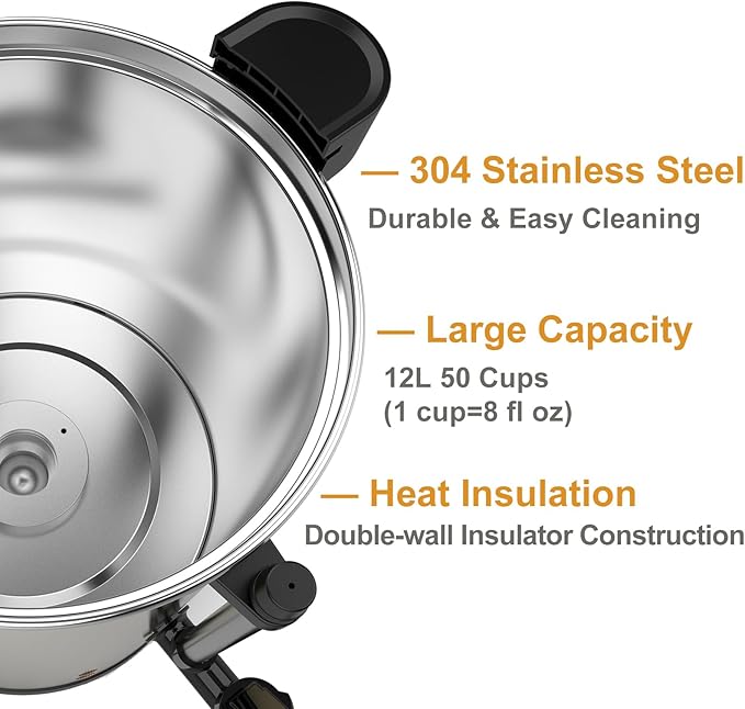 Commercial Grade Stainless Steel Coffee Urn 12L 50-Cup Double Wall Large Coffee Maker with Percolator Hot Water Dispenser for Catering Party Office Wedding