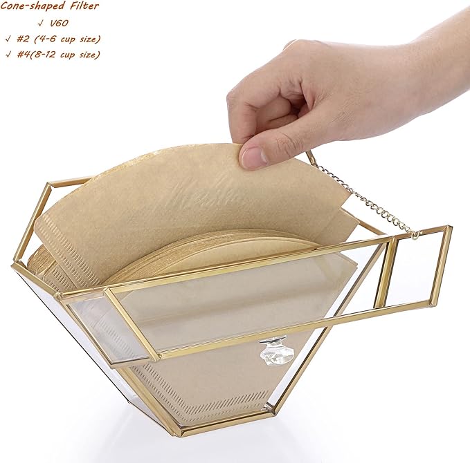 ELLDOO Gold Glass Coffee Filter Holder Coffee Paper Storage Container Filter Paper Dispenser Rack with Dustproof Cover