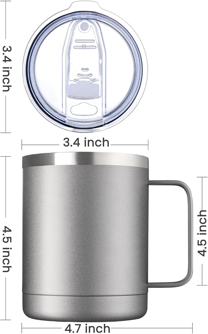 MEWAY 12oz Coffee Mug With Handle 4 Pack Bulk,Stainless Steel Insulated Travel Tumblers With Sliding Lid,Double Wall Vacuum Camping Cup for Hot & Cold Drinks Tea (Cold Grey,Set of 4)