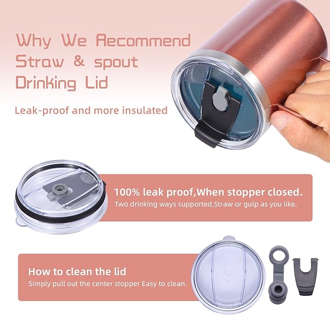 Volhoply 12oz Insulated Leakproof Coffee Mug with Flip & Straw Lid Bulk 8 Pack,Double Wall Vacuum Stainless Steel Travel Tumbler Cup with Handle,Reusable Camping Mugs Keep Cold/Hot(Rose Gold,8 Set)