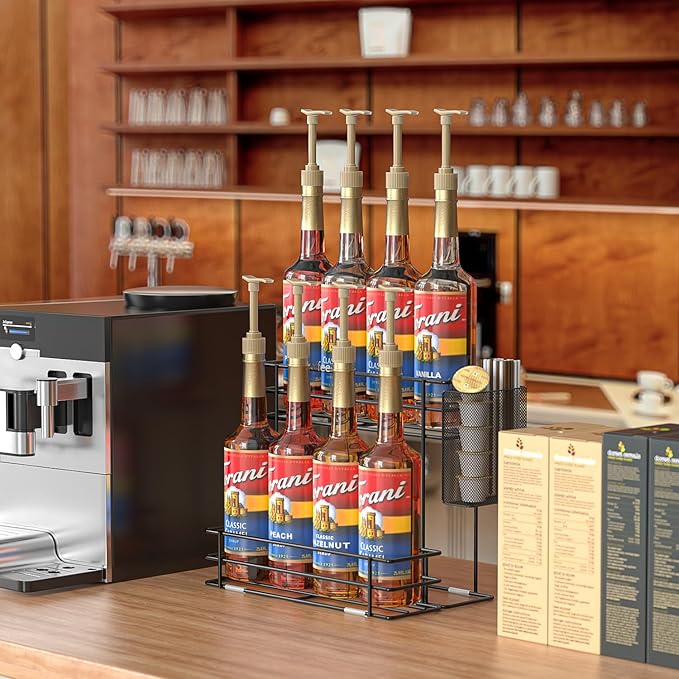 OVICAR Coffee Syrup Organizer Rack - 8 Bottle Holder Stand for Coffee Bar & Station Accessories with Straw & Pod Basket, 2 Tiers Black