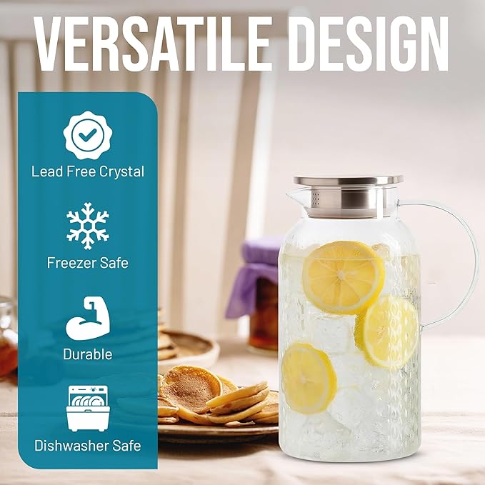 2 Liter 68 oz Glass Pitcher with Lid and Spout, Diamond Glass Carafe for Hot/Cold Water, Large Iced Tea Pitcher for Juice and Homemade Beverage